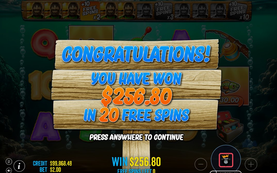 Win screen after WILD collects the visible MONEY FISH values