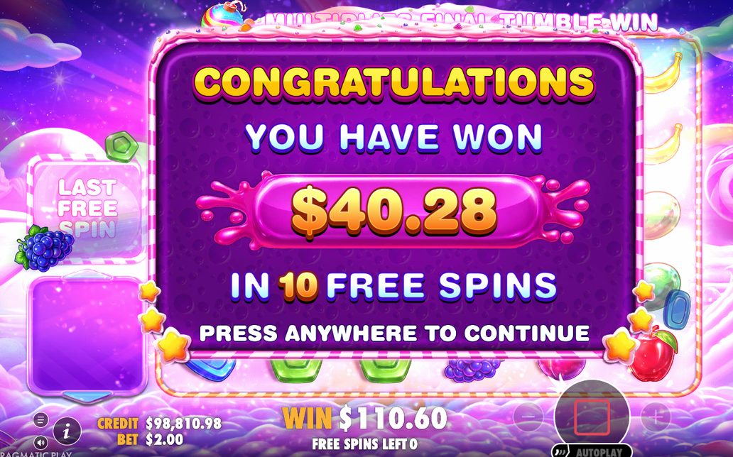 Win screen with the total payout after the tumbles