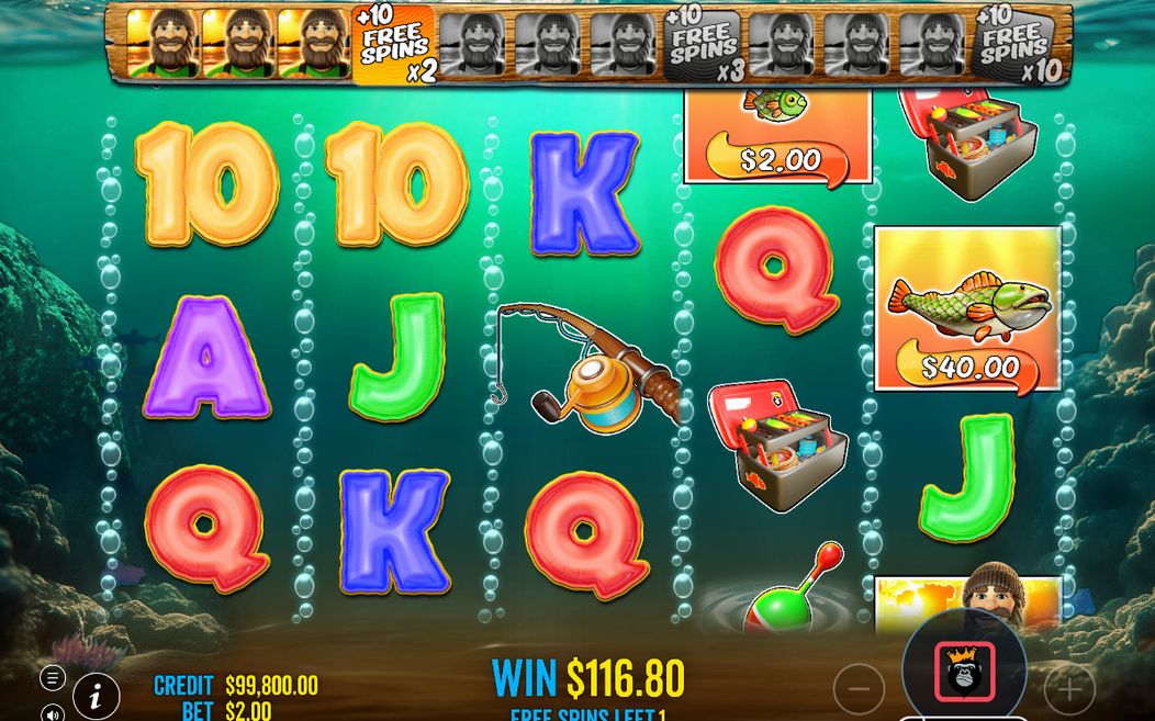 Free Spins screen with WILD Fisherman on all five reels